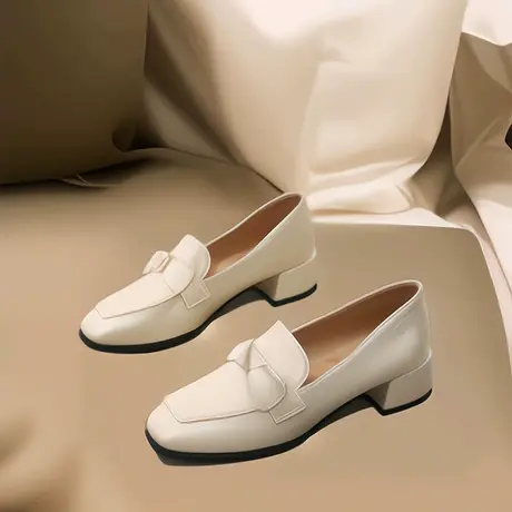 【真皮】小皮鞋女士英伦风2023年秋季方头乐福鞋复古黑色职业单鞋商品大图