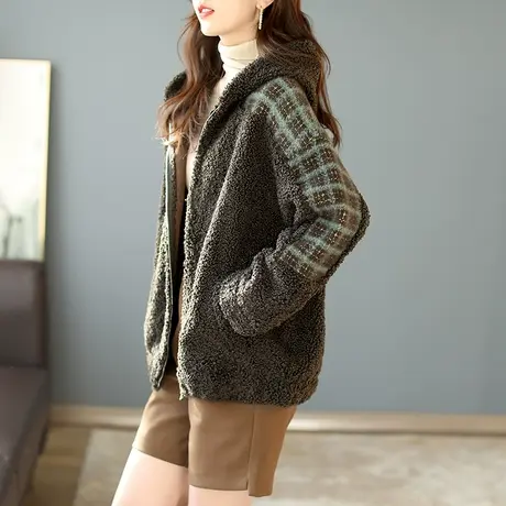 宝诗黎连帽宽松落肩保暖外套女加厚2023秋冬新款格子拼接拉链上衣商品大图