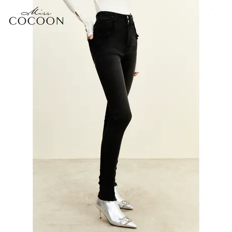 missCOCOON气质V型腰头2023冬装新款女小脚侧边盘扣九分牛仔裤女商品大图
