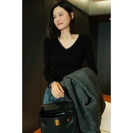 23秋冬新款法式气质洋气羊毛螺纹钉珠长袖女士黑色针织衫打底上衣商品大图