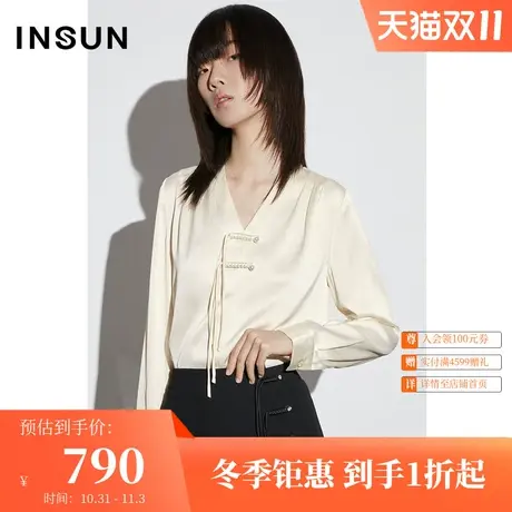 [鎏金系列]恩裳COVER2023春款新款新中式缎面肌理泡泡小格纹衬衫商品大图