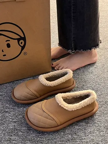 2023冬季新款复古加绒圆头平底一脚蹬保暖豆豆鞋女时尚羊羔毛棉鞋商品大图