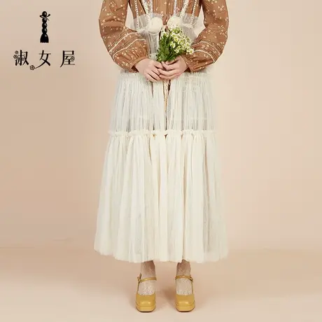 淑女屋半身裙a字裙网纱蕾丝中长款仙女手工盘花雪纱罩裙图片