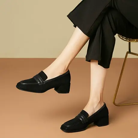 春秋新款女鞋英伦复古牛羊皮拼接方头单鞋女粗跟中跟一脚蹬乐福鞋商品大图