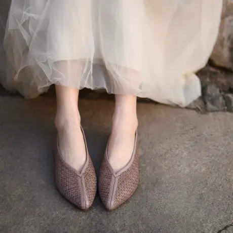 Artmu阿木原创复古真皮编织奶奶鞋平底浅口尖头单鞋女2023新款商品大图