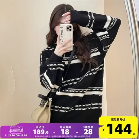 唐狮新款设计感条纹宽松圆领毛衣女休闲风套头百搭长袖毛线衫PO商品大图