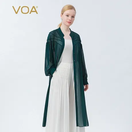 VOA真丝乔其立领孔绿色对丝工艺单排多扣纯色百搭桑蚕丝长外套图片