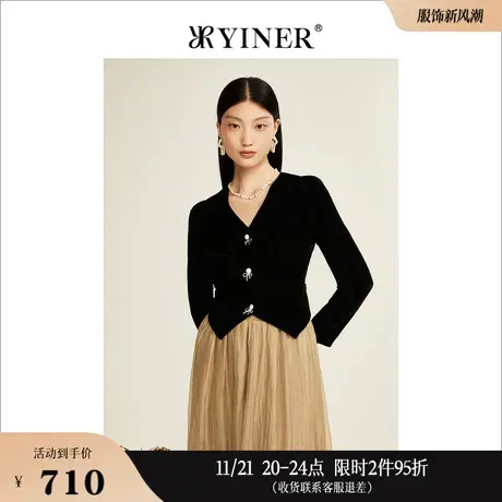 YINER音儿线上专选女装冬季V领艺术纽扣闪丝丝绒通勤风短款外套图片