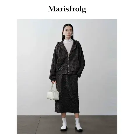 【商场同款】玛丝菲尔冬季新款灰咖色时尚提花连帽短外套商品大图