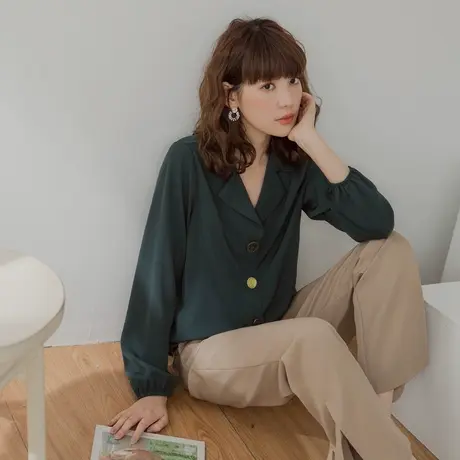 桔熊春秋季通勤纯色长袖西装领衬衫柔软宽松上衣女装大码AB16591商品大图