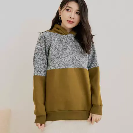 桔熊秋冬季休闲保暖宽松针织拼接加绒加厚连帽卫衣女大码AB17865图片