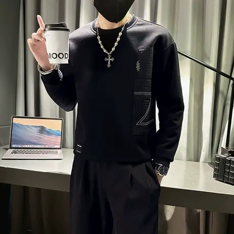 2023个性春秋季卫衣男小众拼接设计感休闲长袖打底衫纯色套头上衣商品大图