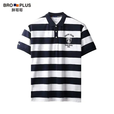 胖哥哥大码polo衫男宽松条纹徽章翻领T恤加肥加大夏季潮流男短袖商品大图