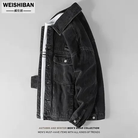 美式复古重磅工装黑色牛仔夹克男春秋装新款牛仔猎装纯棉休闲外套商品大图