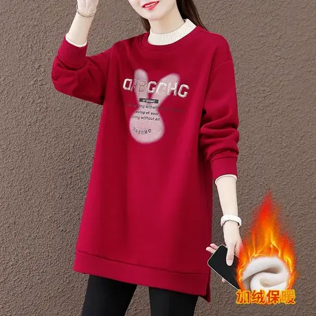 中长款加绒加厚卫衣女秋冬2023年新款时尚宽松韩版大码半高领上衣商品大图