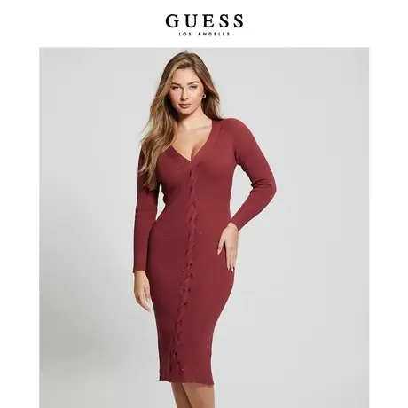 【38上新季】GUESS 女士复古v领扭结中长款针织连衣裙图片