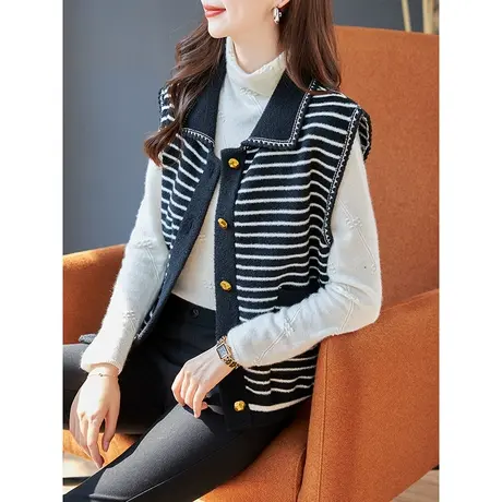 宝诗黎翻领条纹针织马甲背心女秋冬外搭宽松上衣无袖外套2023新款商品大图