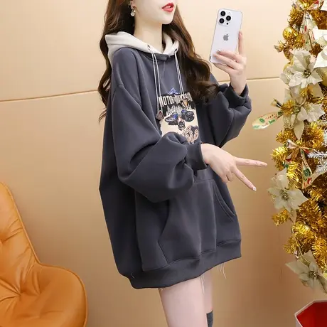 减10】加绒加厚连帽卫衣外套女2023新款秋冬慵懒风宽松设计感上衣商品大图