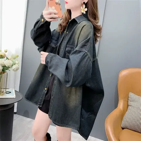 慵懒风大码休闲加绒牛仔衬衫女秋冬2023新款韩版宽松港味外套上衣图片