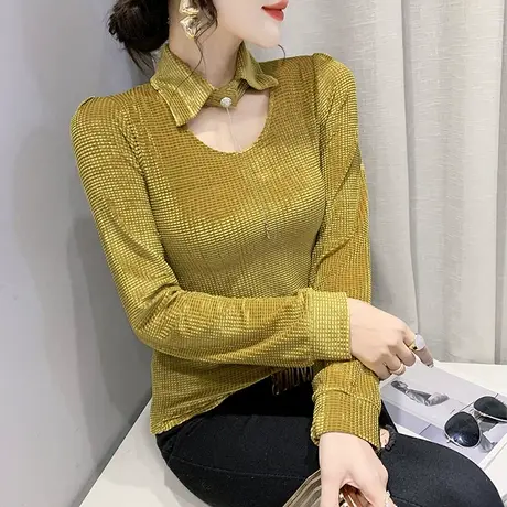 性感镂空翻领T恤女长袖2024春秋新款气质别致上衣修身显瘦打底衫商品大图