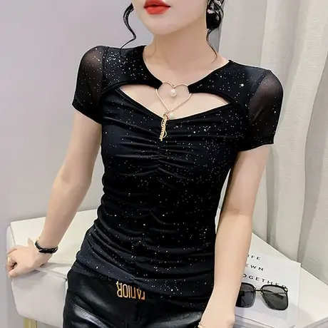 时尚镂空T恤女短袖夏装2024新款洋气亮片网纱上衣设计感修身小衫商品大图