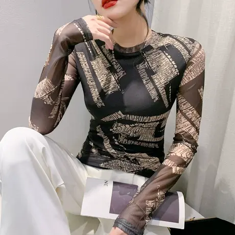 欧货时尚印花雪纺衫女长袖秋季洋气圆领网纱上衣修身别致打底衫潮图片