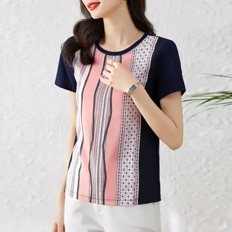 2023夏装新款几何竖条纹印花T恤女圆领短袖上衣设计感小众雪纺衫商品大图