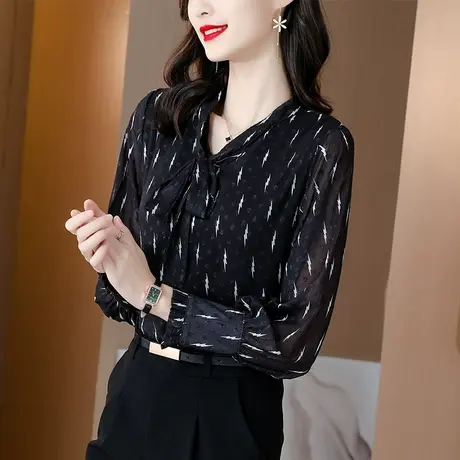 2023秋装蝴蝶结V领雪纺衬衫女印花小衫设计感小众洋气显瘦女上衣商品大图