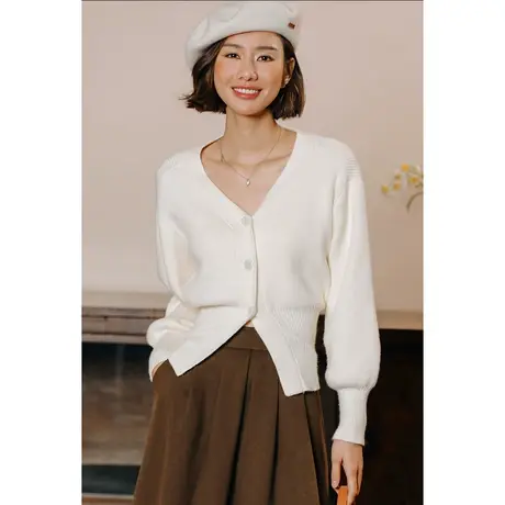 弥古白色毛衣收腰外套女冬v领针织衫开衫秋冬法式掐腰上衣设计感商品大图