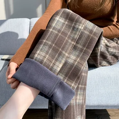 加厚加绒格子裤女秋冬天毛呢休闲裤今年流行的复古阔腿裤直筒女裤商品大图