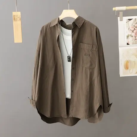 洋气咖啡色衬衫外套女春秋款2024年新款秋季上衣中长款衬衣开衫潮商品大图