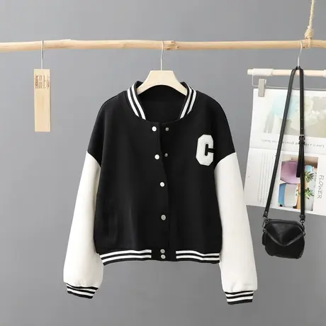简约棒球服短外套少女秋装2024新款学生休闲上衣小个子宽松情侣装图片