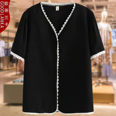 加肥加大码中年妈妈装夏季上衣200斤宽松时尚花边V领短袖女士衬衫商品大图