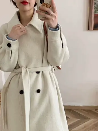 韩版双面呢羊毛长绒大衣女中长款冬季新款加厚毛呢外套过膝双排扣图片