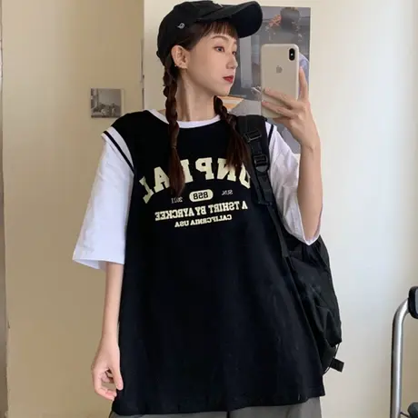 假两件短袖t恤女夏装2021新款宽松韩版设计感小众港风上衣服ins潮图片