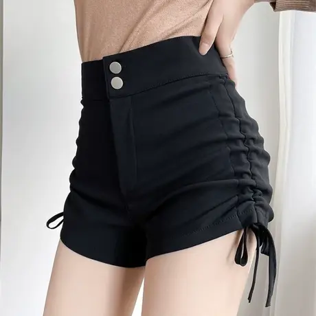 加厚黑色短裤女秋冬外穿时尚设计感抽绳绑带褶皱打底休闲阔腿靴裤图片