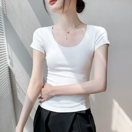短袖打底衫女2025春季新款修身显瘦正肩纯棉上衣低领内搭半袖T恤图片