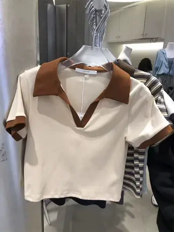 撞色V领T恤短袖美式复古显瘦短款小上衣辣妹2022年新款夏季女商品大图