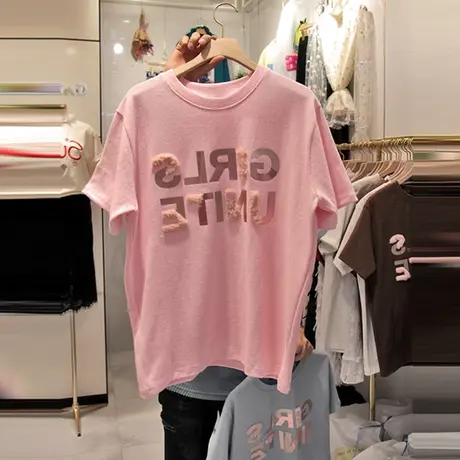 韩国2023夏装新款烫金字母短袖T恤女韩范宽松粉色百搭心机t体恤衫商品大图
