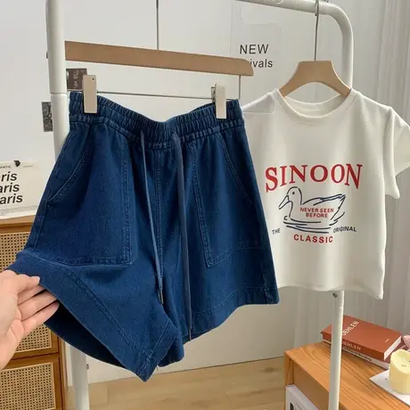 水洗牛仔短裤女夏季百搭宽松高腰韩版小众别致抽绳直筒休闲热裤潮图片