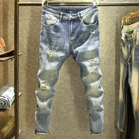 破洞时尚潮流补丁牛仔裤男秋冬款百搭裤子男潮牌痞帅修身小脚裤厚商品大图