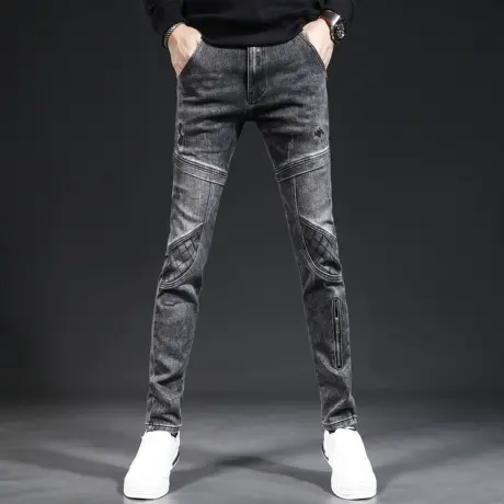 欧美高端牛仔裤男2023新款秋季破洞补丁修身小脚弹力男士裤子机车商品大图