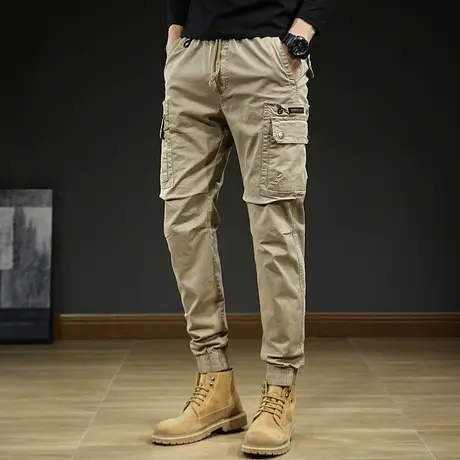 男士休闲工装裤夏季百搭美式透气男裤宽松直筒复古纯色束脚裤子商品大图