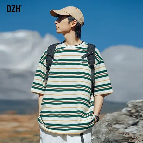 男生条纹t恤男短袖重磅潮牌美式体恤夏季半袖上衣男装2023年新款商品大图