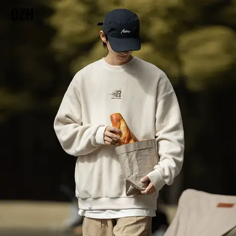 男士摇粒绒卫衣潮牌男圆领宽松慵懒风上衣米白色情侣装外套春秋款商品大图