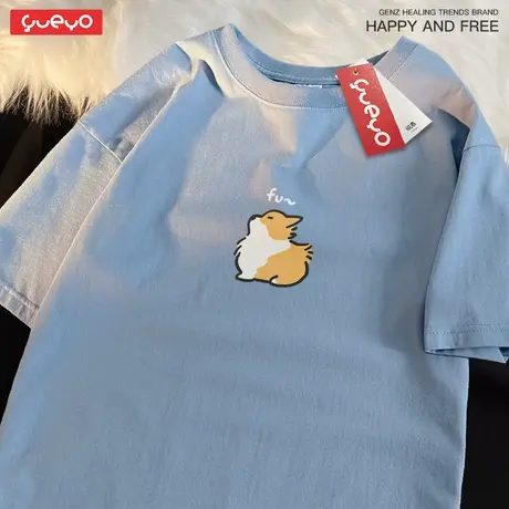 悦游 吹风柯基 胸标小标潮流纯棉短袖T恤男可爱趣味萌宠原创商品大图