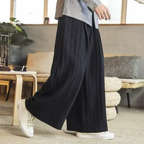 春秋季薄款垂感直筒汉服长裤男棉麻中国风休闲阔腿裤宽松亚麻裙裤图片