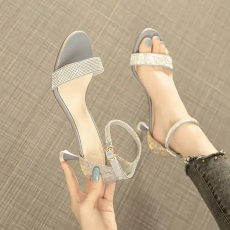 高跟鞋女细跟2021年新款性感露趾一字带气质水钻仙女凉鞋夏季网红商品大图