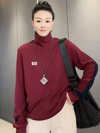 欧货时尚高领卫衣女2023秋冬新款撞色拼接双面德绒打底衫ins潮款商品大图