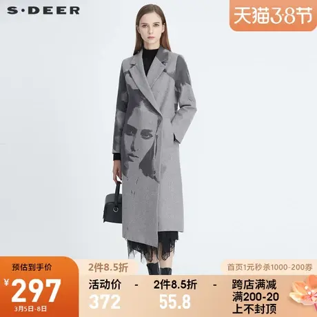 sdeer圣迪奥冬季女装西装领人像印花中长款灰色毛呢大衣S20481818📮图片